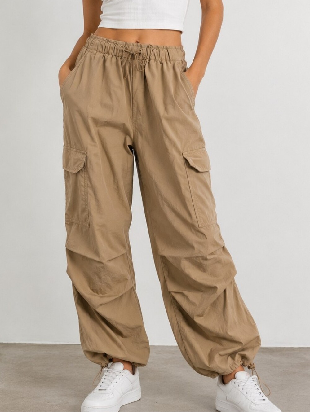 ๐ค Love Tree Khaki Cargo Parachute Pants | Drawstring Utility Joggers | Size Sma - Picture 1 of 5